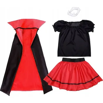 Karnevalový kostým KOSTÝM UPÍRKA PLÁŠŤ UPÍRA ZUBY TESÁKY HALLOWEENSKÝ KOSTÝM 134-140 4 díly