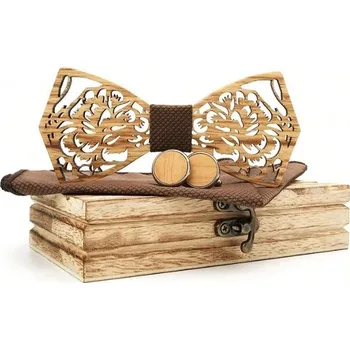 Motýlek Set dřevěného motýlku, kapesníčku a manžetových knoflíčků - Květinový, hnědý