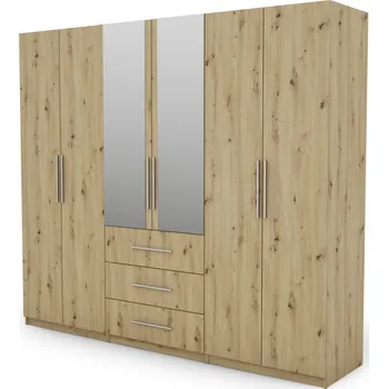 Šatní skříň Skříň eMeblast dub artisan s výklopnými dveřmi se zrcadlem, 3 zásuvky, 250x220x57 cm
