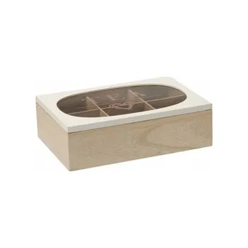 Dóza na potraviny ČAJOVÁ DÓZA MDF SE SKLENĚNÝM VÍKEM 24 X 16,5 X 7 CM 6 PŘIHRÁDEK HNĚDÁ