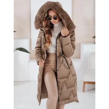 Dámská zimní bunda dlouhá prošívaná s kožešinou kamelová