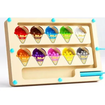 Dřevěná hračka DŘEVĚNÝ MAGNETICKÝ LABYRINT MONTESSORI VÝUKA BAREV A POČÍTÁNÍ ZMRZLINA