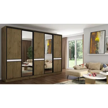 Šatní skříň Skříň Posuvná eMeblast 5-dveřová dub lancelot se zrcadlem 340x244x66 cm