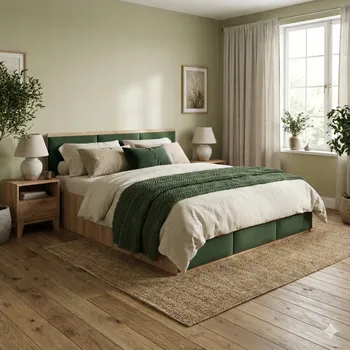 Postel POSTEL 120x200 DUB KRAFT ZLATÝ + ÚLOŽNÝ PROSTOR + ČALOUNĚNÉ PANELY ZELENÉ