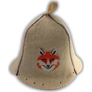 ČEPICE DO SAUNY - KLOBOUK DO SAUNY s liškou ve světlé barvě, 100% OVČÍ VLNA