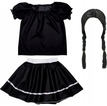 Karnevalový kostým KOSTÝM Wednesday Addamsová KOSTÝM TEMNÁ PANENKA PARUKA HALLOWEEN 134-140 3 dílků