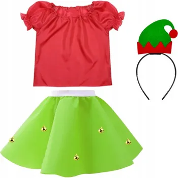 Karnevalový kostým KOSTÝM ELFÍ OBLEČEK KOSTÝM ELFKY VÁNOČNÍ SET ČELENKA SUKNĚ 98-110 4 díly