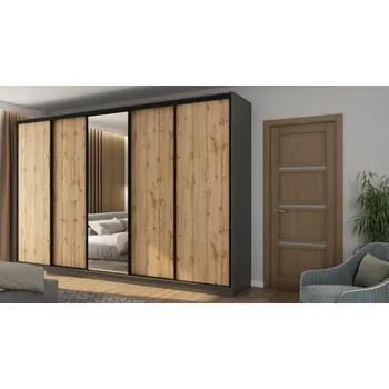 Šatní skříň Skříň eMeblast Posuvná šatní skříň 5D 380 x 244 x 66 cm šedá skříň se zrcadlem