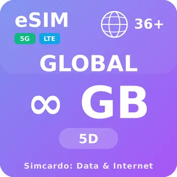 SIM karta 36 Zemí Neomezený Mobilní Internet - eSIM 5 dní datová SIM karta (esims_ULE_5D_REUL_V2)