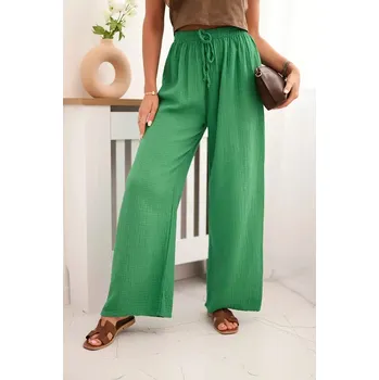 Dámské kalhoty Mušelínové kalhoty se širokou nohavicí zelený UNI