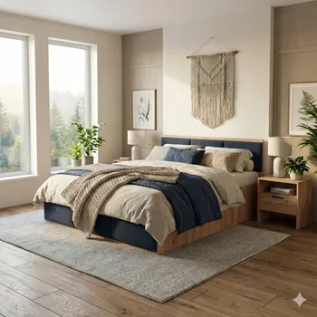 Postel POSTEL 140x200 DUB KRAFT ZLATÝ + ÚLOŽNÝ PROSTOR + ČALOUNĚNÉ PANELY TMAVĚ MODRÉ