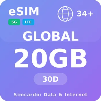 SIM karta 34 Zemí Mobilní Internet - eSIM 20GB 30 dní datová SIM karta