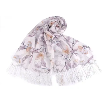 Šátek Letní šátek / šála s třásněmi květy 70x180 cm - krémová nejsvět. fialová