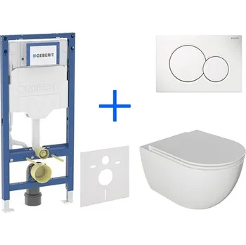WC sada Geberit + kielle Set předstěnové instalace Duofix + rimless klozet a sedátko se SoftClose kielle Oudee + tlačítko Sigma01 Round, bílá