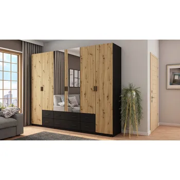 Šatní skříň Skříň eMeblast černá dub artisan 6 zásuvek výklopná se zrcadlem 240x220x57 cm