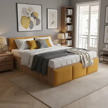 Postel POSTEL 120x200 DUB KRAFT ZLATÝ + ÚLOŽNÝ PROSTOR + ČALOUNĚNÉ PANELY ŽLUTÉ