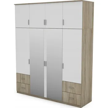 Šatní skříň Skříň eMeblast Bílá se 4 zásuvkami a výklopnými dvířky se zrcadlem 200x242 cm