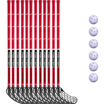 Florbal Unihoc Basic FIGHTER 12 sticks + 6 balls Florbalová sada červená / černá, Oboustranná, 87cm (=97cm), (9 - 12 let)