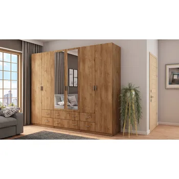 Šatní skříň Skříň eMeblast dub lefkas se zrcadlem, výklopná, 6 zásuvek, 240 x 220 x 57 cm