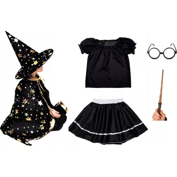 Karnevalový kostým KOSTÝM ČARODĚJKA, ČARODĚJNICE, PŘEVLEK, PLÁŠŤ, HŮLKA, HALLOWEEN, VELIKOST 134-140, 6 DÍLŮ