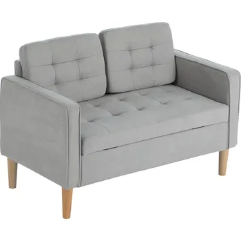 Pohovka Dvoumístná pohovka HOMCOM s úložným prostorem, prošívání knoflíky, polštáře, kaučukovník, 117x62x78cm, světle šedá