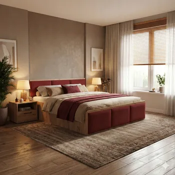 Postel POSTEL 140x200 DUB KRAFT ZLATÝ + ÚLOŽNÝ PROSTOR + ČERVENÉ ČALOUNĚNÉ PANELY