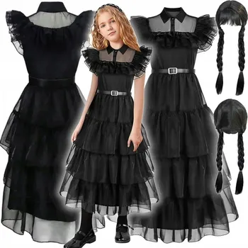 Karnevalový kostým KOSTÝM KARNEVALOVÝ KOSTÝM WEDNESDAY ŠATY NA PLES ADDAMS + PARUKA 122 / 128