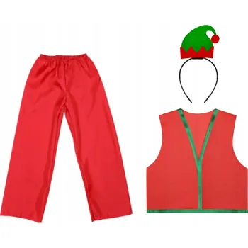 Karnevalový kostým KOSTÝM ELFÍ OBLEČEK VÁNOČNÍ KOSTÝM ELF KALHOTY ČELENKA ČERVENÝ 98-110 4 díly