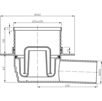 Odvodňovací žlab Bruckner podlahová vpust 105 x 105 mm boční mřížka nerez 183.018.0