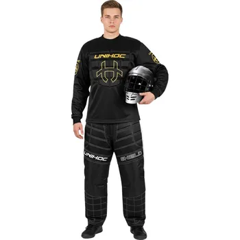 Florbal Unihoc SHIELD black set with HELMET Brankářský set s přilbou 160 cm, bílá / černá / zlatá