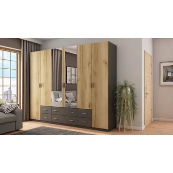 Šatní skříň Skříň eMeblast grafitová se zrcadlem, 240 x 220 x 57 cm, 6 zásuvek, výklopné dveře