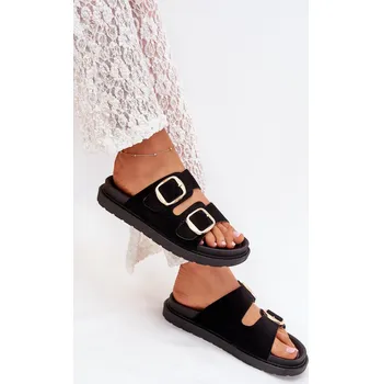 Dámské polobotky Dámské pantofle na platformě se zlatými přezkami – černé Velikost: 40