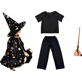 Karnevalový kostým SADA KOUZELNÍK KOSTÝM MÁG ČARODĚJ PŘEVLEK HALLOWEEN 98-110 5 dílů