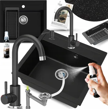 Granitový dřez Granitový dřez JEDNOKOMOROVÝ 60 cm grafit S BATERIÍ a dávkovačem, 11 dílů