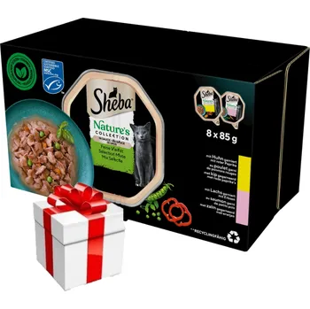 Krmivo pro kočku Sheba Nature's Collection s kuřecím masem na paprikách a lososem s hráškem v omáčce 8 x 85 g + překvapení pro kočku ZDARMA