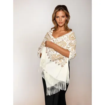 Šála Classic Scarf Vyšívaná bílá kašmírová šála se zlatým zdobením, pléd na ples