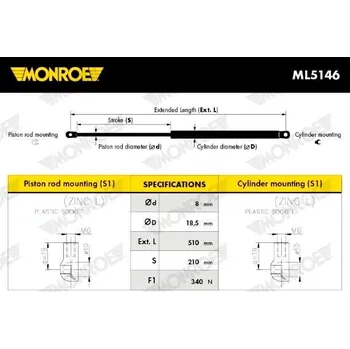 Příslušenství karosérie Pneumatická pružina, zavazadlový / nákladový prostor MONROE ML5146