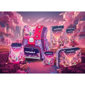 Školní batoh Oxybag Školní set 6ks PREMIUM Playworld Girl Minecraft sada batoh, penál a doplńky 0-90325/06
