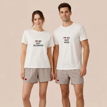 Dámské pyžamo Pyžamový set s potiskem I LOVE MY HOT HUSBAND/ WIFE, pro pár Barva: Béžová, Velikost: On XL Ona S