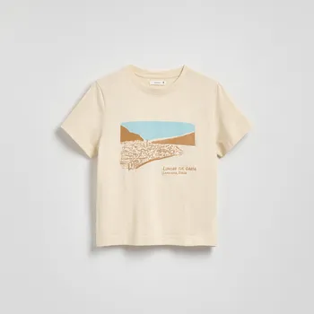 Dámské tričko Reserved - Bavlněné tričko s aplikací - béžová - 387FS-08X - 387FS-08X-XXL