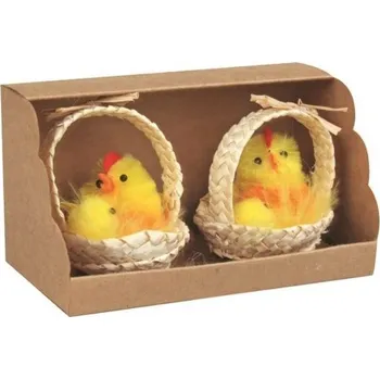 Velikonoční dekorace Slepička s kuřátkem v košíku, 2 ks
