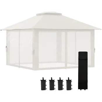 Zahradní altán Outsunny Skládací altán Outsunny, výškově nastavitelný, 4 síťové stěny, větrací střecha, taška na přenášení, rychlé sestavení, 4 x 4 x 3 m, krémově bílá