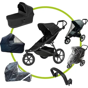 Dětské zboží Akční set Thule Urban Glide 3 Black + korba + pláštěnka Emitex + madlo Thule + pláštěnka na korbu Emitex+ univerzální moskytiéra na korbu a sporťák