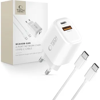 SÍŤOVÁ NABÍJEČKA TECH-PROTECT NCA45W-GAN 2-PORT NETWORK CHARGER PD 45W / QC3.0 + TYPE-C CABLE WHITE
