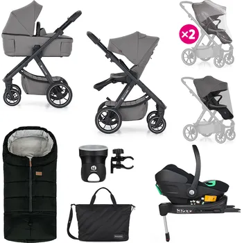 Kočárek pro psa PETITE&MARS Kočárek kombinovaný ICON 2v1 Dove Grey XXL RWS + Core Pro i-Size Black Grey + Báze