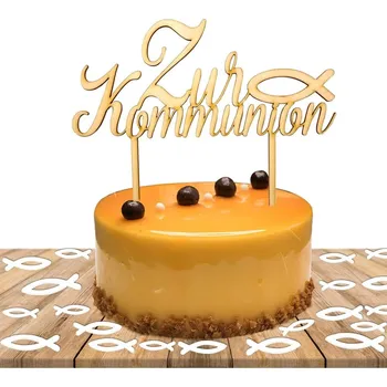 Jedlá dekorace na dort Dřevěný zápich na dort „Zur Kommunion“ + dekorativní rybičky