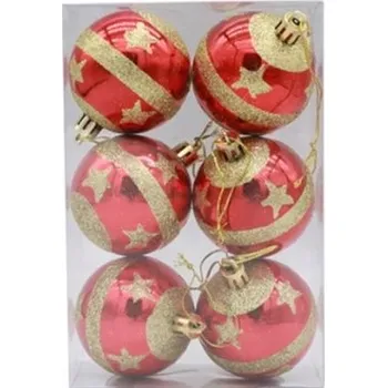 Vánoční dekorace Vánoční Baňky 6 cm ČERVENÉ se zlatými hvězdičkami 6 Ks | XVA-107