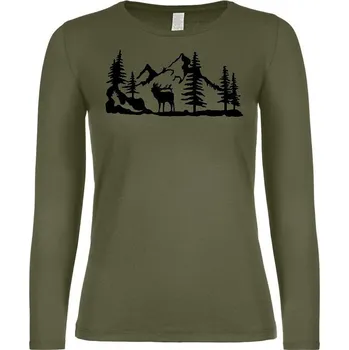 Dámské tričko Myslivecké Tričko dámské Jelen v lese - dlouhý rukáv Velikost: 2XL