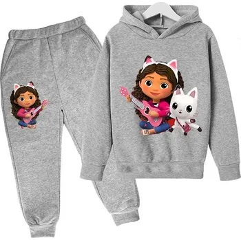 Gabby's Dollhouse Dětská tepláková souprava s potiskem na motivy oblíbeného seriálu "Gabby's Dollhouse" (šedá), SKLAD Barva: šedá + šedá + kočka, Velikost: 130