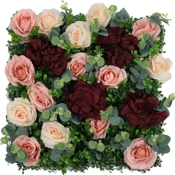 umělý živý plot Wall flower - pink rose and dark red hydrangea, dílec 50 x 50 cm (Květinová stěna - růžová růže a rudá hortenzie)